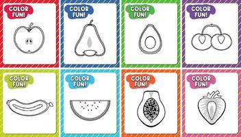 Set of worksheets template with color fun text and fruit outline vector