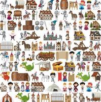 Medieval characters buildings set vector