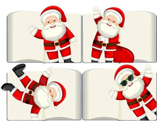 Set of different opened blank books with Santa Claus