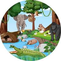 Forest in round shape with wild animals vector