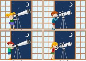 Set of different kids observe night sky with telescope vector