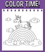 Worksheets template with color time text and rainbow with Unicorn outline vector