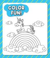 Worksheets template with color time text and Unicorn outline vector