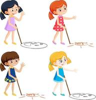 Set of different four girls drawing smile face on the ground vector