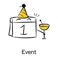 calendario, bebida y gorra, concepto de evento icono dibujado a mano vector