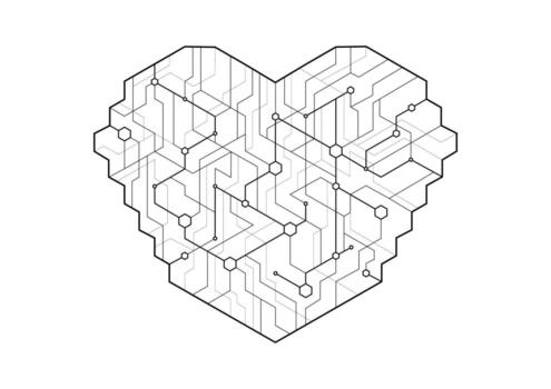 Dot circuit board heart shape simple design. Artificial intelligence concept. vector