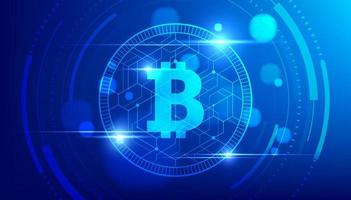 dinero digital futurista con logo bitcoin moneda digital sobre fondo azul. vector