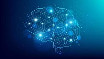 Human brain shape of an artificial intelligence with line dots on dark blue color background. Digital technology brain concept. vector