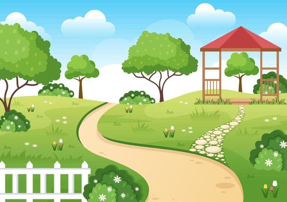 Beautiful Garden Cartoon Background Illustration With A Landscape Nature Of Plant, Flowers, Tree and Green Grass in Flat Design Style