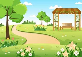 hermosa ilustración de fondo de dibujos animados de jardín con una naturaleza paisajística de plantas, flores, árboles y hierba verde en estilo de diseño plano vector