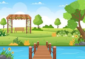 Beautiful Garden Cartoon Background Illustration With A Landscape Nature Of Plant, Flowers, Tree and Green Grass in Flat Design Style vector