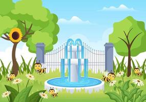 Beautiful Garden Cartoon Background Illustration With Scenery Nature of Plants, Various Animals, Flowers, Tree and Green Grass in Flat Design Style vector