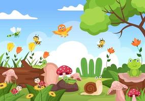 Beautiful Garden Cartoon Background Illustration With Scenery Nature of Plants, Various Animals, Flowers, Tree and Green Grass in Flat Design Style vector