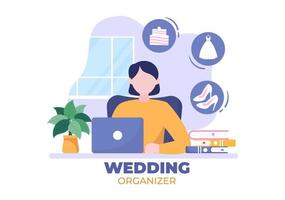 organizador de bodas que brinda servicio de decoración o hace planes antes de la ceremonia de matrimonio en una ilustración de estilo de dibujos animados de fondo plano vector