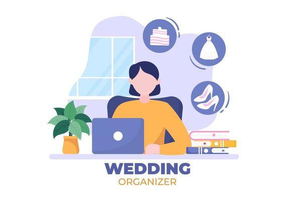 Wedding Organizer Providing Decoration Service or Making Plans Before Married Ceremony in Flat Background Cartoon Style Illustration