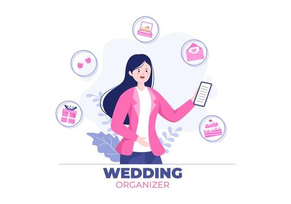 Wedding Organizer Providing Decoration Service or Making Plans Before Married Ceremony in Flat Background Cartoon Style Illustration