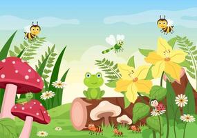 hermosa ilustración de fondo de dibujos animados de jardín con paisajes naturales de plantas, varios animales, flores, árboles y hierba verde en un estilo de diseño plano vector