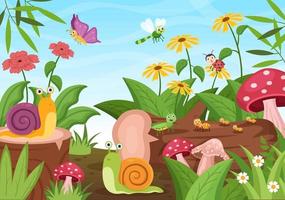 hermosa ilustración de fondo de dibujos animados de jardín con paisajes naturales de plantas, varios animales, flores, árboles y hierba verde en un estilo de diseño plano vector