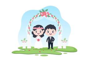 Happy Couple Celebrating Wedding or Married Ceremony with Beautiful Flower Decorations Outdoors Room in Flat Background Cartoon Style Illustration
