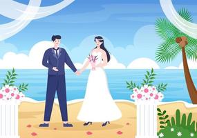 pareja feliz celebrando la boda o la ceremonia de matrimonio con hermosas decoraciones florales al aire libre en una ilustración de estilo de dibujos animados de fondo plano vector