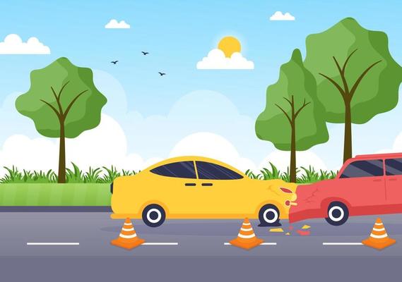 Car Accident Background Illustration with Two Cars Colliding or Hitting Something on the Road Causing Damage in Flat Style