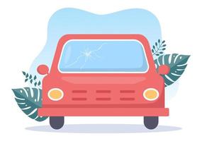 Car Windshield Replacement and Car Body Frame Repair Due to Cracks, Breaks or Accidents in Flat Style Cartoon Illustration vector