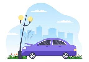 Car Accident Background Illustration with Two Cars Colliding or Hitting Something on the Road Causing Damage in Flat Style