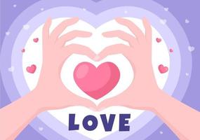 ilustración de fondo de dibujos animados de vector de signo de amor para autocuidado, san valentín o icono de usted mismo en diferentes acciones de felicidad para cartel