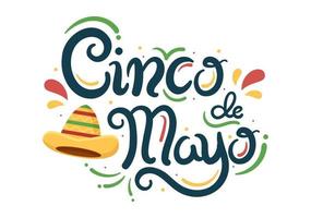 Cinco de Mayo Mexican Holiday Celebration Cartoon Style Illustration with Cactus, Guitar, Sombrero and Drinking Tequila for Poster or Greeting Card vector
