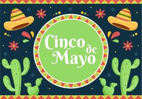 cinco de mayo celebración festiva mexicana ilustración de estilo de dibujos animados con cactus, guitarra, sombrero y bebiendo tequila para afiche o tarjeta de felicitación vector