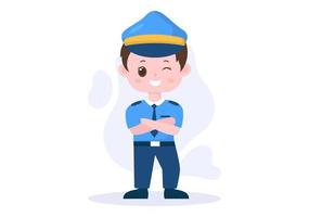 Ilustración de vector de personaje de oficial de policía de niños lindos usando uniforme con equipo establecido en estilo de dibujos animados planos