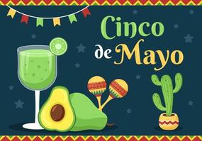 cinco de mayo celebración festiva mexicana ilustración de estilo de dibujos animados con cactus, guitarra, sombrero y bebiendo tequila para afiche o tarjeta de felicitación vector