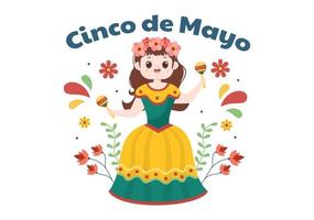 cinco de mayo celebración festiva mexicana ilustración de estilo de dibujos animados con cactus, guitarra, sombrero y bebiendo tequila para afiche o tarjeta de felicitación vector