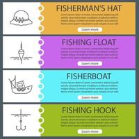 Fishing web banner templates set. Fishing float, fishermans hat, boat, fishhook. Website menu items. Vector headers design concepts