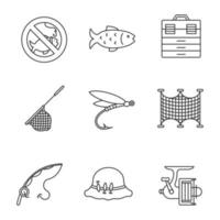 Fishing linear icons set. No fishing sign, tackle box, landing nets, fly fishing, spinning reel, motor rubber boat, fisherman's hat. Thin line contour symbols. Isolated vector outline illustrations