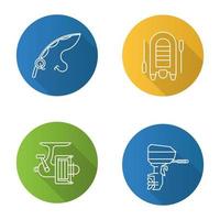 Fishing flat linear long shadow icons set. Spinning rod and reel, motor boat. Vector outline illustration