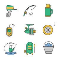 Fishing color icons set. Outboard boat motor, fisherman, thermos, echo sounder, fishing line spool, bucket with catch, spinning rod and reel, boat. Isolated vector illustrations