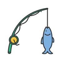 Spinning rod with fish color icon. Isolated vector illustration