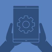 Hands holding tablet computer glyph color icon. Device settings. Silhouette symbol. Tablet computer with cogwheel. Negative space. Vector isolated illustration