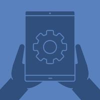 Hands holding tablet computer glyph color icon. Device settings. Silhouette symbol. Tablet computer with cogwheel. Negative space. Vector isolated illustration