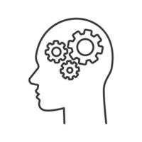 Human head with cogwheels inside linear icon. Artificial intelligence. Technology progress. Thin line illustration. Robot. Contour symbol. Vector isolated outline drawing