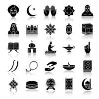 Islamic culture drop shadow black glyph icons set. Muslim attributes. Religion symbolism. Isolated vector illustrations