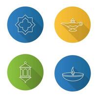 Islamic culture flat design long shadow glyph icon. Muslim star, lantern, oil lamps. Vector silhouette illustration