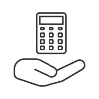 Open hand with calculator linear icon. Counting service. Thin line illustration. Contour symbol. Accounting, calculations. Vector isolated outline drawing