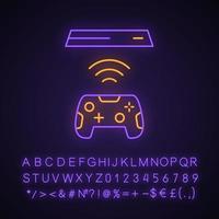 Wireless gaming controller neon light icon. Esport accessory. Video game device. Cordless joystick. Glowing sign with alphabet, numbers and symbols. Vector isolated illustration