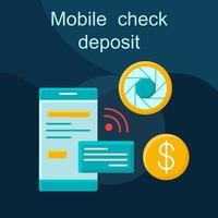 Mobile check deposit flat concept vector icon. Internet banking cartoon color illustrations set. Online banking. E-wallet. Transaction check, receipt, notification. Isolated graphic design element