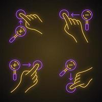 Touchscreen gestures neon light icons set. Zoom in vertical, zoom out vertical gesturing. Zoom in horizontal and zoom out horizontal. Human fingers. Glowing signs. Vector isolated illustrations