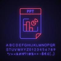 PPT file format neon light icon. Presentation document. Slide show. Glowing sign with alphabet, numbers and symbols. Vector isolated illustration