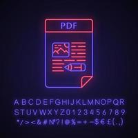 archivo pdf icono de luz de neón. Formato de Documento Portable. signo brillante con alfabeto, números y símbolos. ilustración vectorial aislada vector