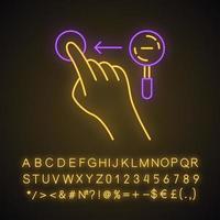 Zoom out horizontal gesture neon light icon. Touchscreen gesturing. Tap, point, click. Using sensory devices. Glowing sign with alphabet, numbers and symbols. Vector isolated illustration